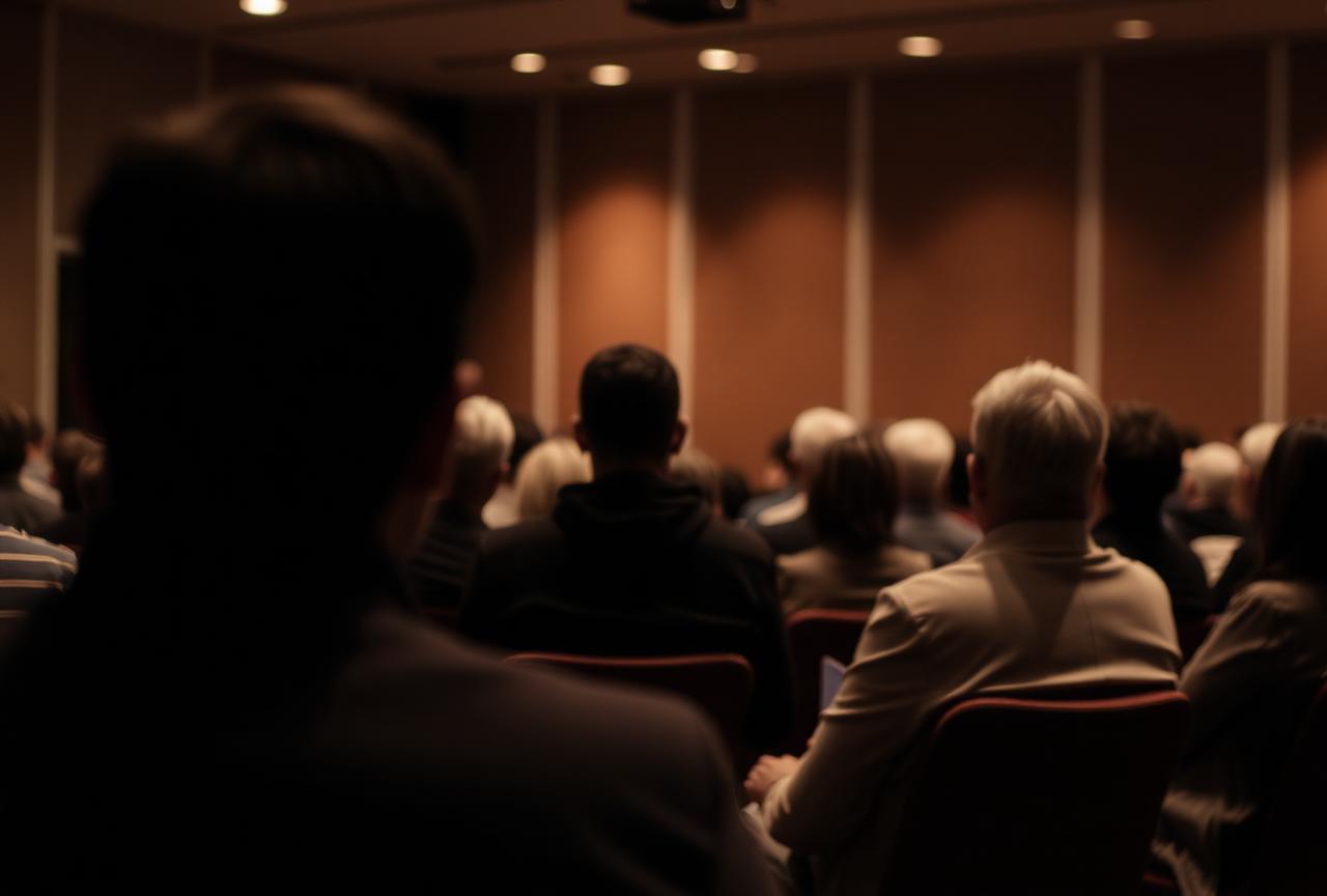 A softly lit audience listening attentively in a community hall