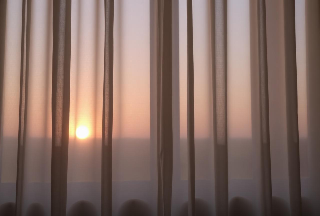 Soft dawn light filtering through a sheer curtain