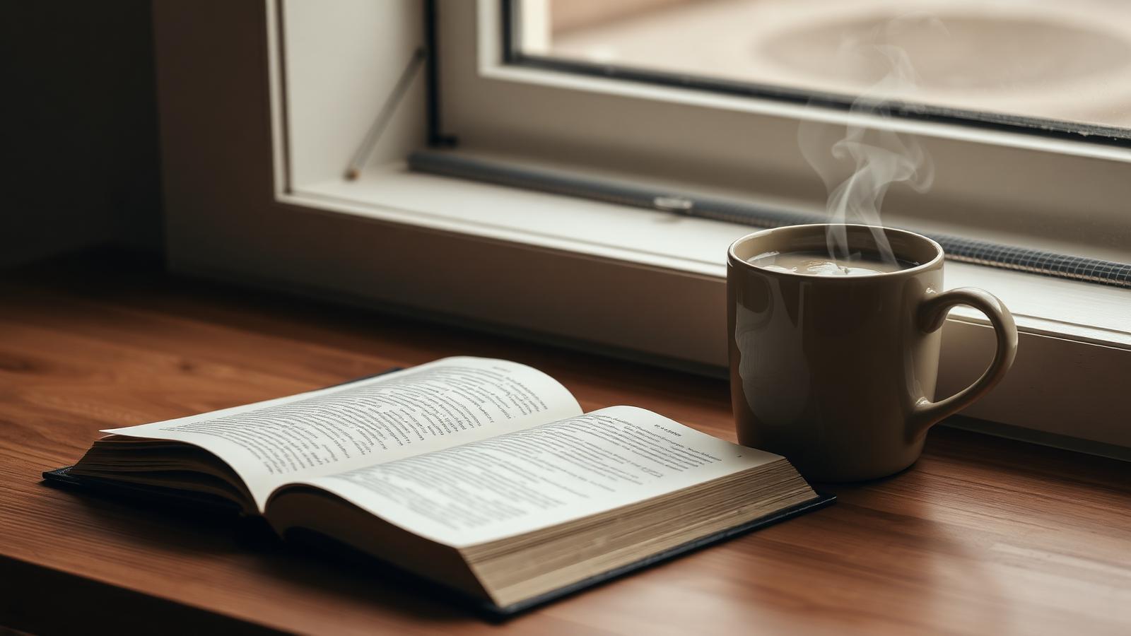 An open book and a steaming mug on a wooden desk by a window