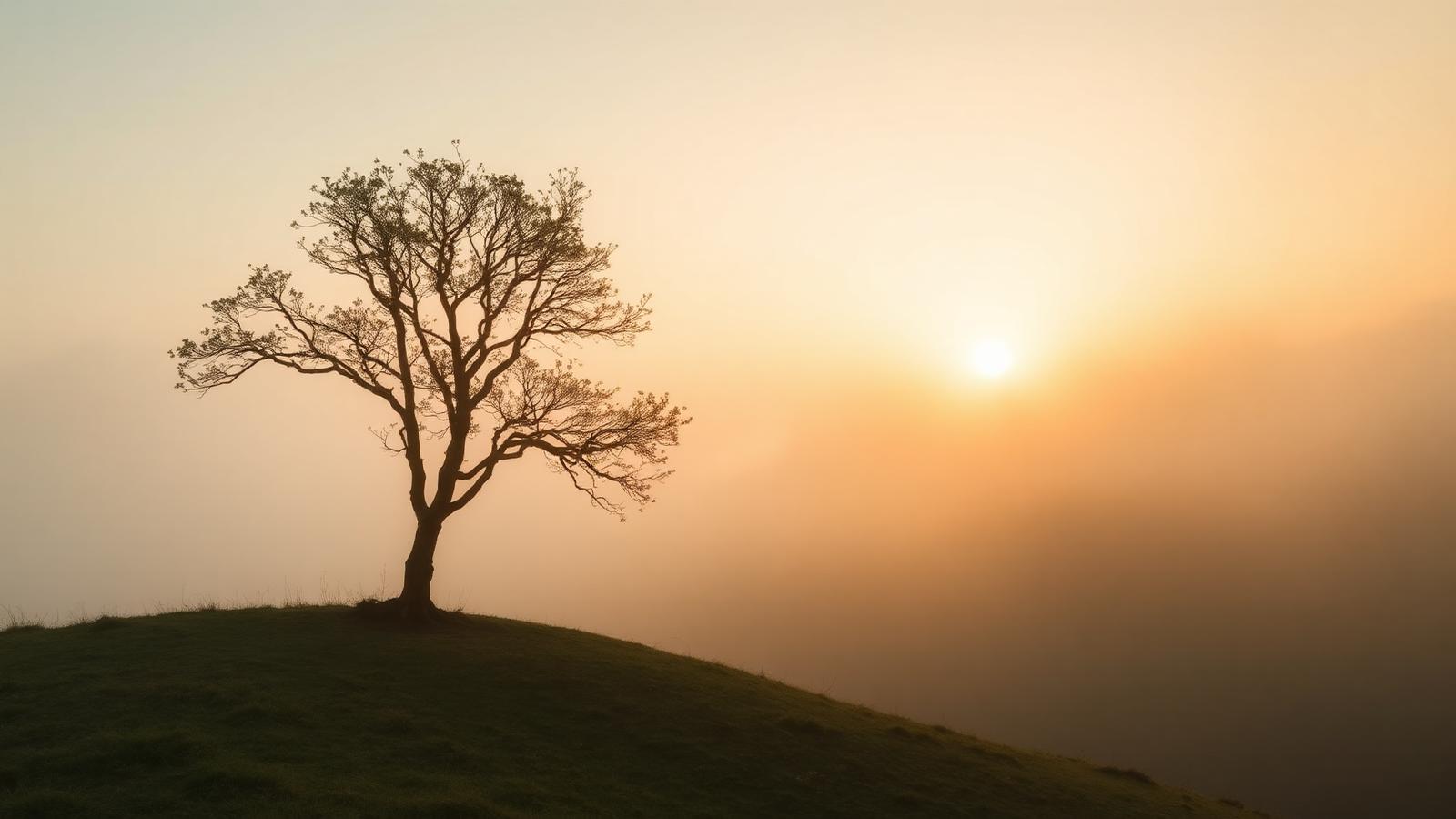 A single tree on a hillside at sunrise