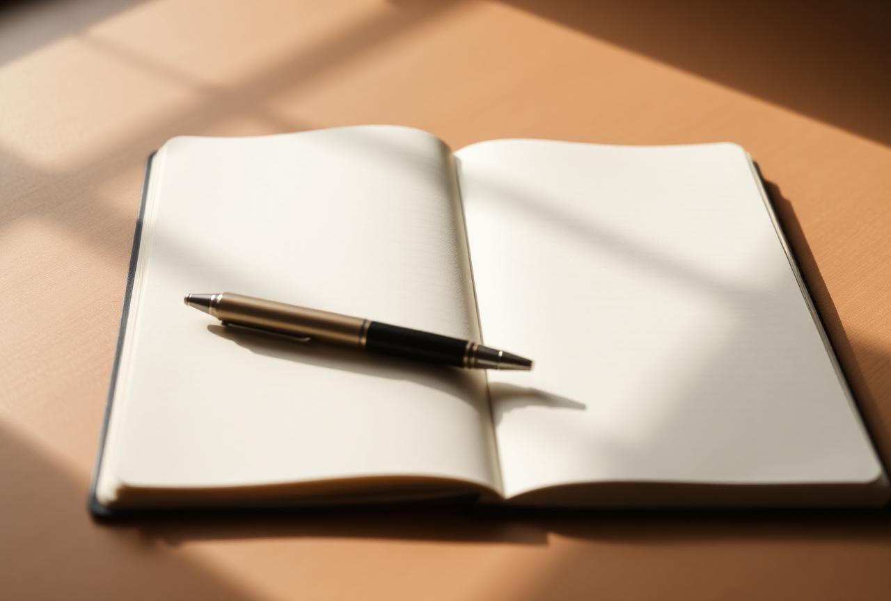 An open notebook with a pen, soft daylight across the page
