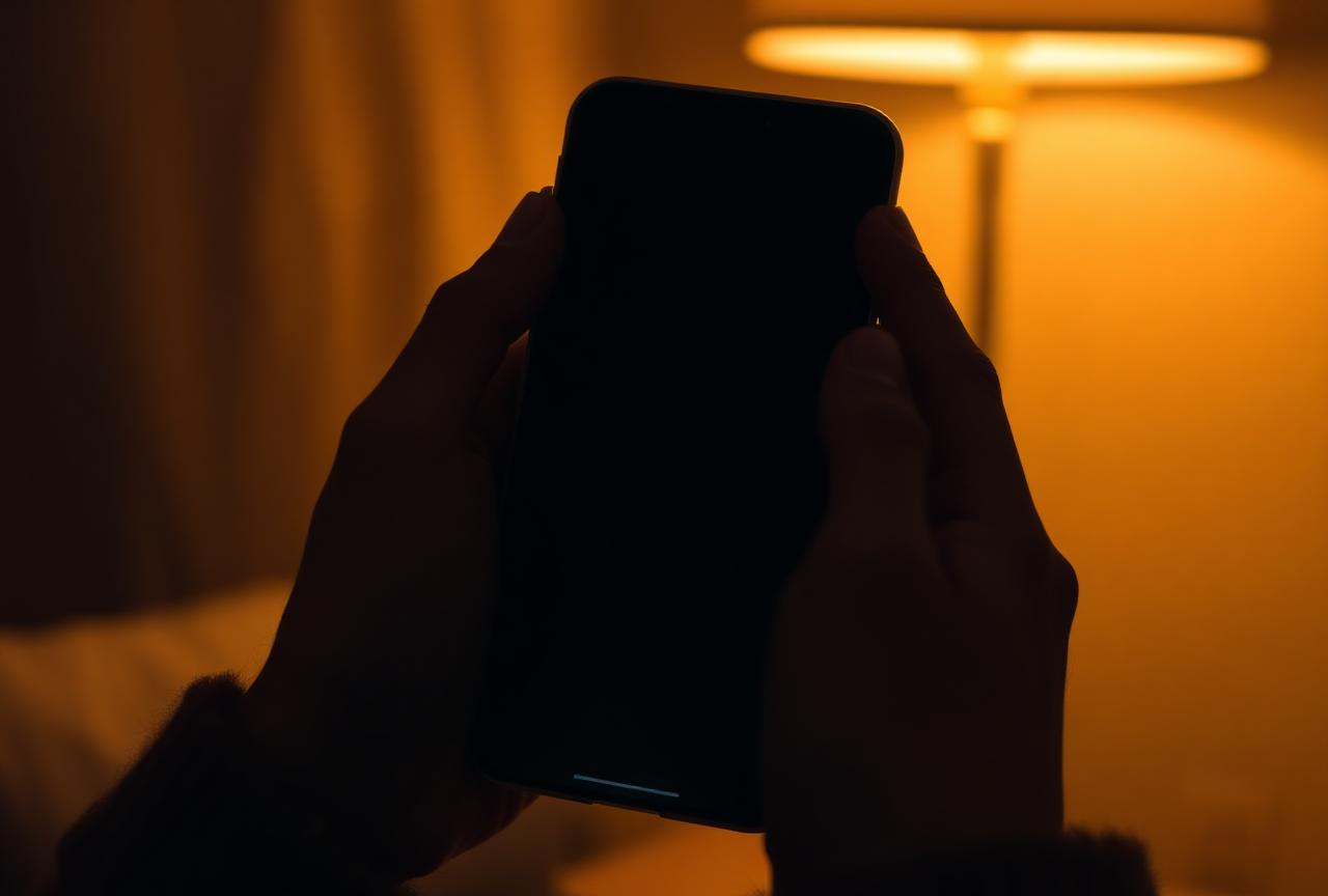 Hands holding a phone in warm lamp light