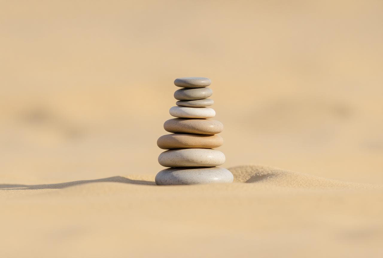 Smooth stacked stones balanced on warm sand